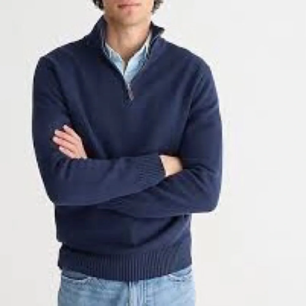 J Crew Mens Sweater Size XL Navy Blue Merino Wool Half Zip Rib Cuff Hem Pullover